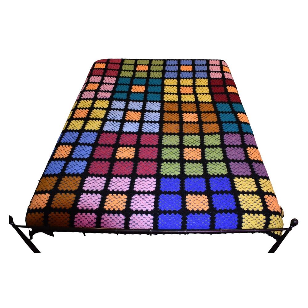 Crocheted Granny Square Afghan Large Throw Black Multicolor Grannycore 77" x 82"